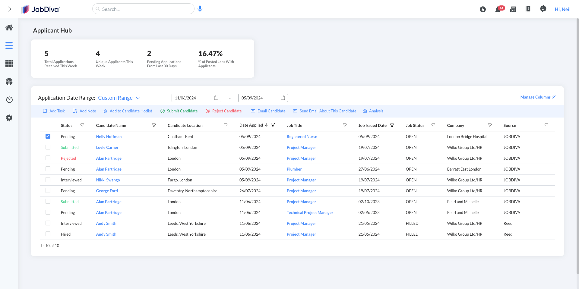 Applicant list screenshot